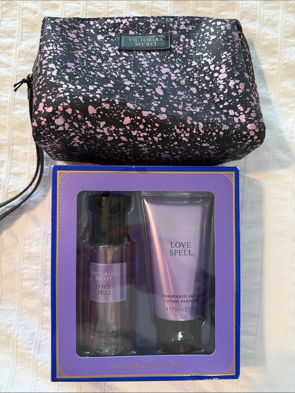 Victoria's Secret Love Spell Set with Black and Pink Speckled Cosmetic Pouch